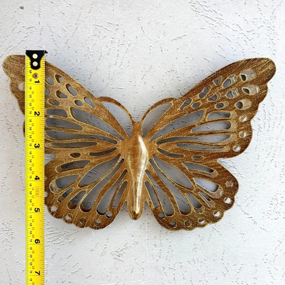 Vintage Gold Metal Butterfly Wall Hanging Filigree Openwork Decor 8 Inch